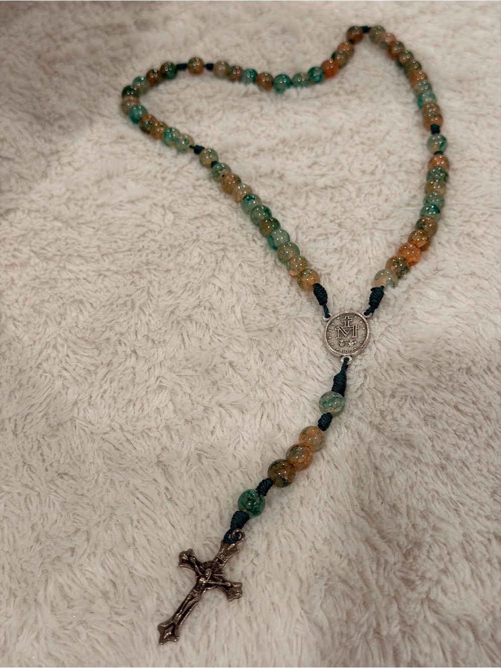 handcrafted Catholic rosary green & brown Indian agate beads, Miraculous Medal - Picture 2 of 7